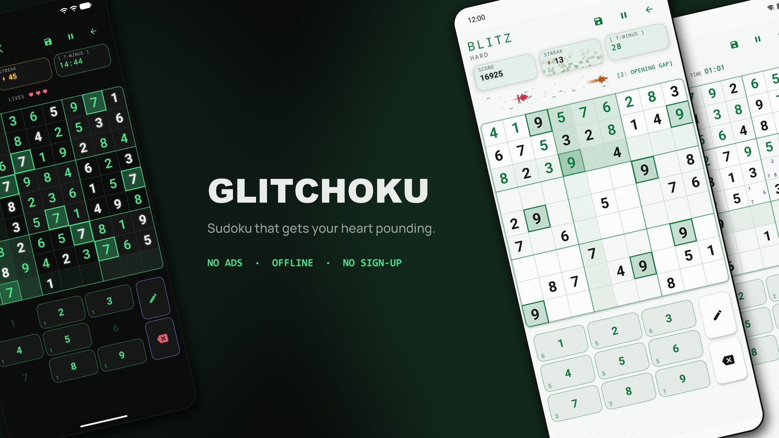 Glitchoku feature graphic. Two phones show sudoku boards in the game's dark green and light themes, one of them a Blitz run on Hard, beside the title Glitchoku, the tagline 'Sudoku that gets your heart pounding.' and the words No ads, Offline, No sign-up.