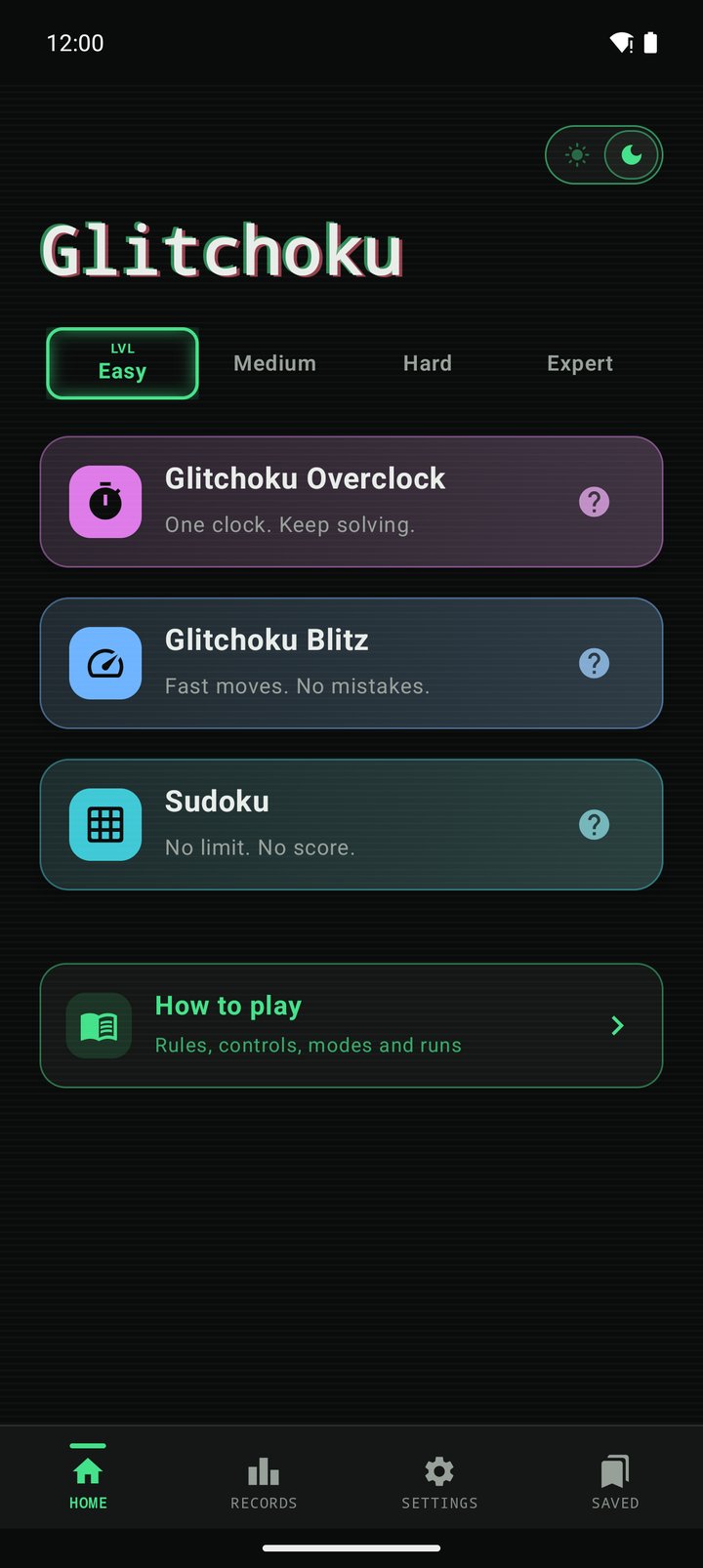 Glitchoku home screen in dark mode, with a difficulty selector and cards for Glitchoku Overclock, Glitchoku Blitz and Sudoku.