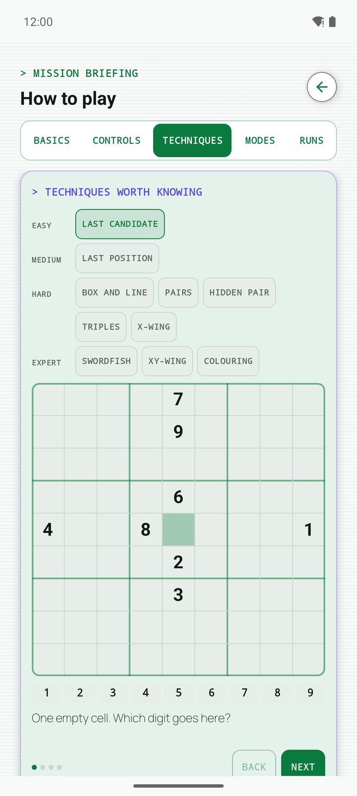 The How to Play screen, listing techniques by tier above a practice board.