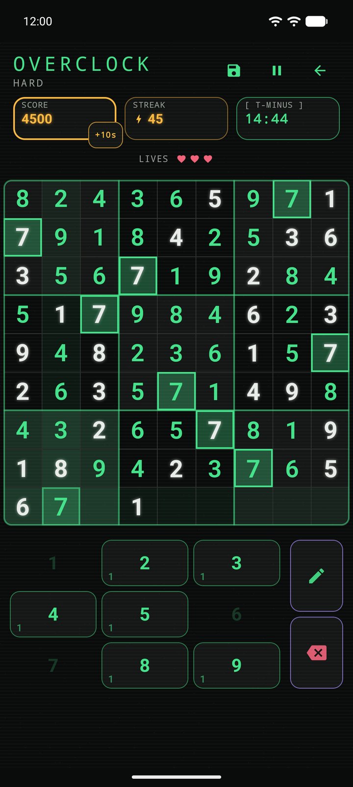 An Overclock run on Hard, with the score, streak, a T-minus clock and three hearts above a nearly full board.