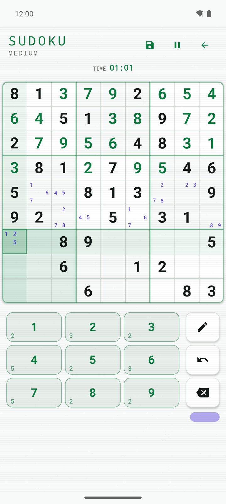 A classic Sudoku board in the light theme, with pencil-mark candidates in several empty cells.